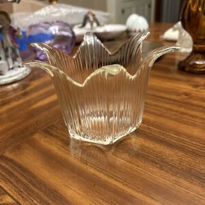 Ribbed Clear Glass Lotus Flower Candle Holder Dip Bowl Candy Dish